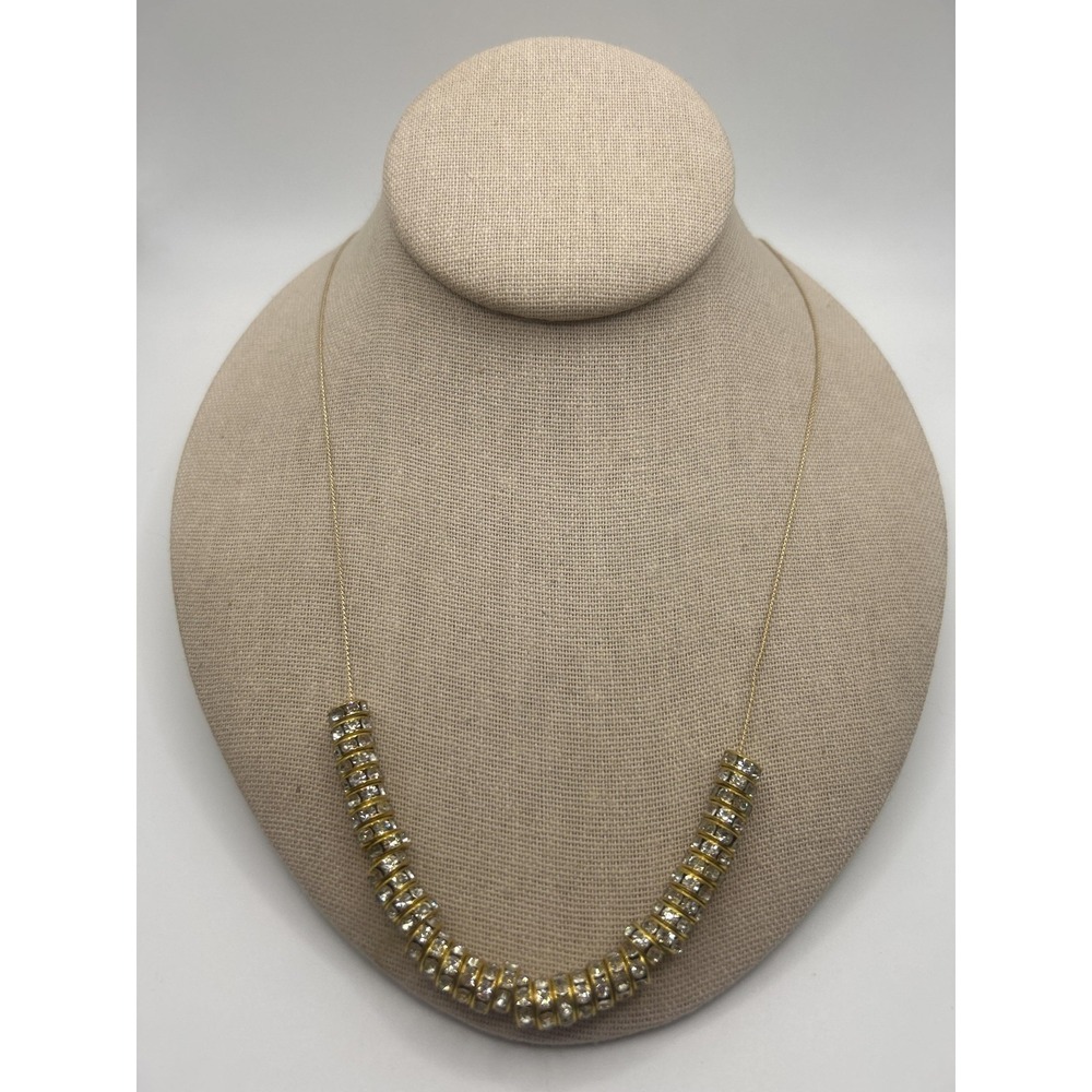 Gold Tone Crystal Spacer Bead Bar Necklace Womens Delicate Chain Jewelry Fashion